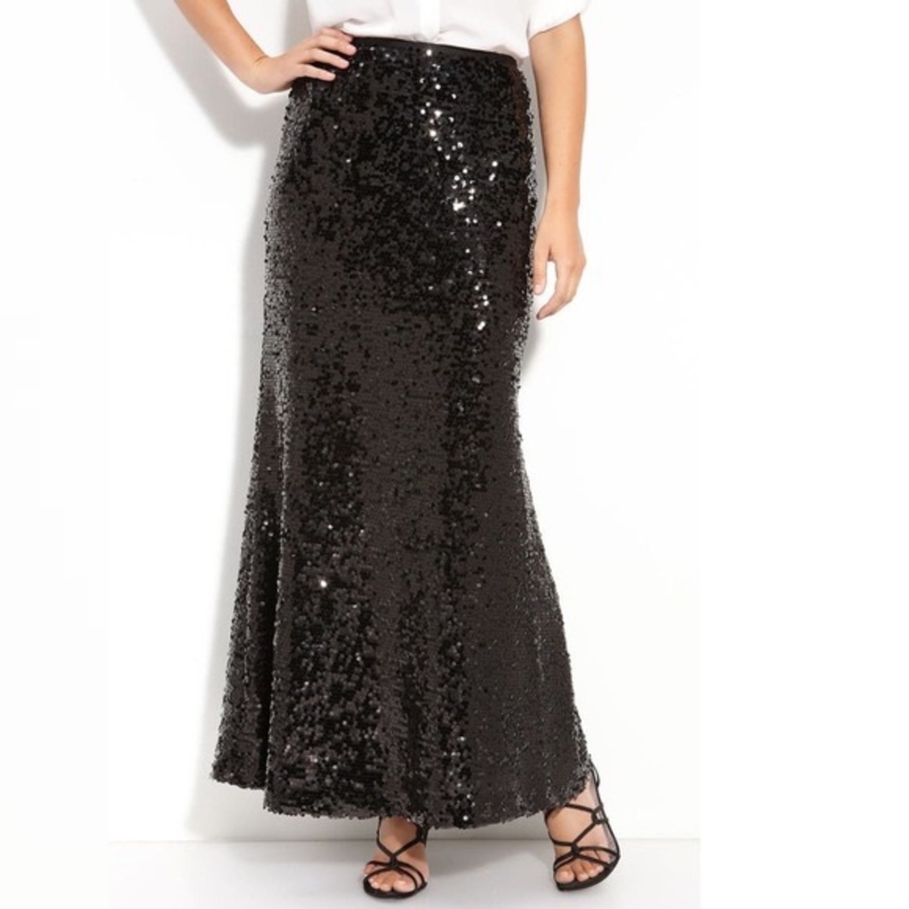 Black sequin maxi bias cut skirt by Calvin Klein